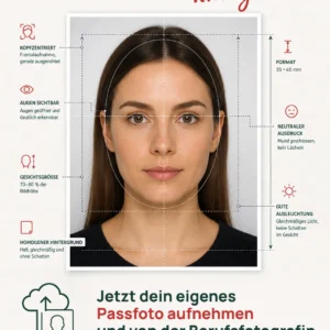 Illustration zur Passfoto-Aufnahme mit Hinweisen zu Haltung und Ausleuchtung