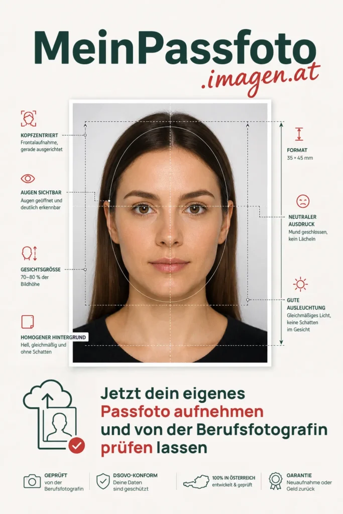Illustration zur Passfoto-Aufnahme mit Hinweisen zu Haltung und Ausleuchtung